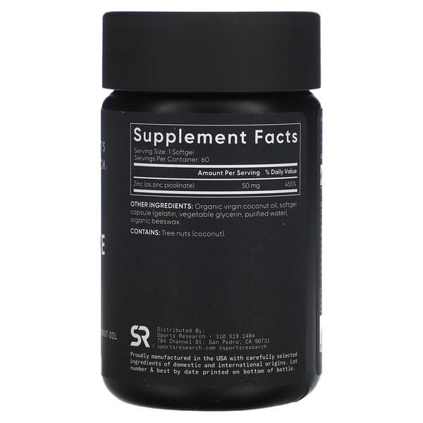Цинк пиколинат 50 мг Sports Research (Zinc Picolinate) 60 жидких капсул