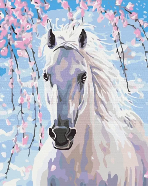 Картина за номерами Кінь в квітах сакури  Brushme 40x50