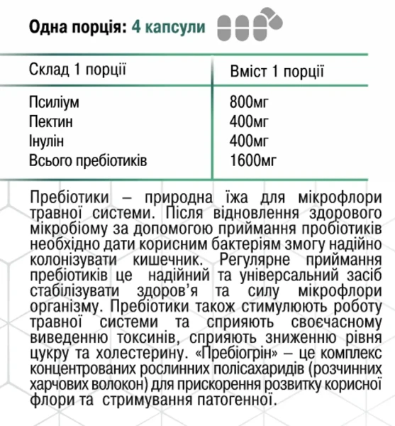 Пребіогрін (Псиліум Пектин Інулін) Грін-Віза 90 капсул