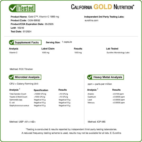 California Gold Nutrition, Gold C™, вітамін C класу USP, 1000 мг, 240 вегетаріанських капсул