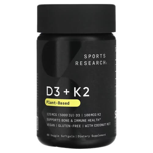 Витамин D3 и K2 5000 МЕ/100 мкг Sports Research (D3+K2 Plant Based) 60 растительных капсул