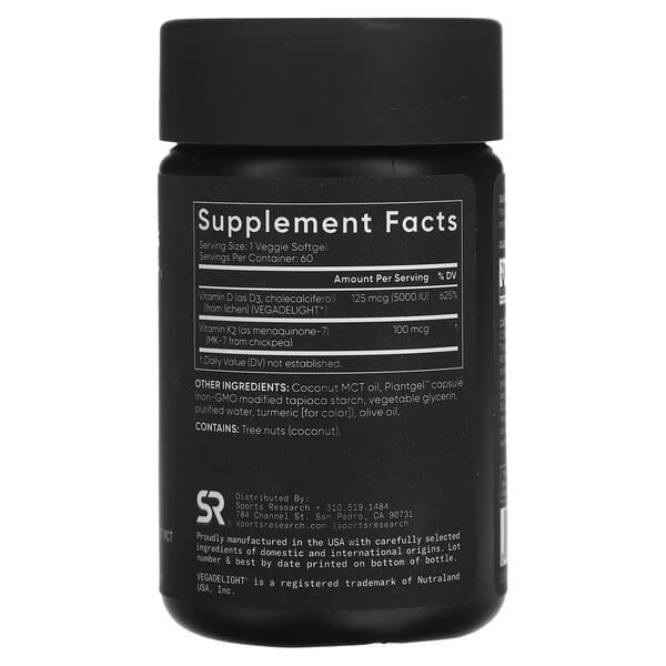Витамин D3 и K2 5000 МЕ/100 мкг Sports Research (D3+K2 Plant Based) 60 растительных капсул