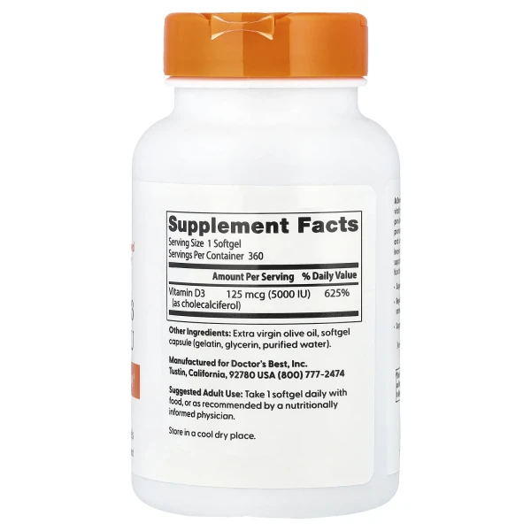 Вітамін D3 Doctor's Best (Vitamin D3) 125 мкг (5000 МО) 360 капсул