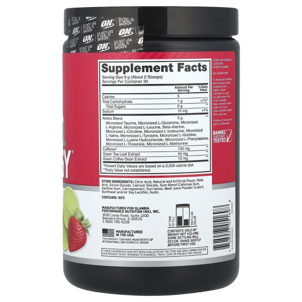 Optimum Nutrition, Essential Amin.O. Energy®, полуниця й лайм, 270 г
