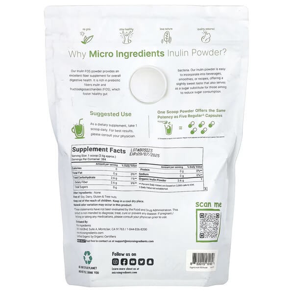 Органічний інулін у порошку Micro Ingredients (Organic Inulin Powder) 998 г