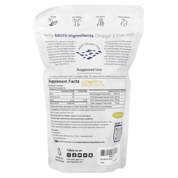Риб'ячий жир Омега-3 потрійної сили зі смаком лимона Micro Ingredients (Triple Strength Omega-3 Fish Oil) 240 рідких капсул