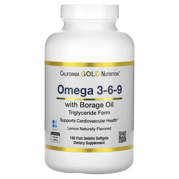 Норвезький риб'ячий жир з омега 3-6-9 та олією огірочника (Omega 3-6-9 with borage oil) 180 капсул зі смаком лимону