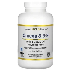 Норвезький риб'ячий жир з омега 3-6-9 та олією огірочника (Omega 3-6-9 with borage oil) 180 капсул зі смаком лимону