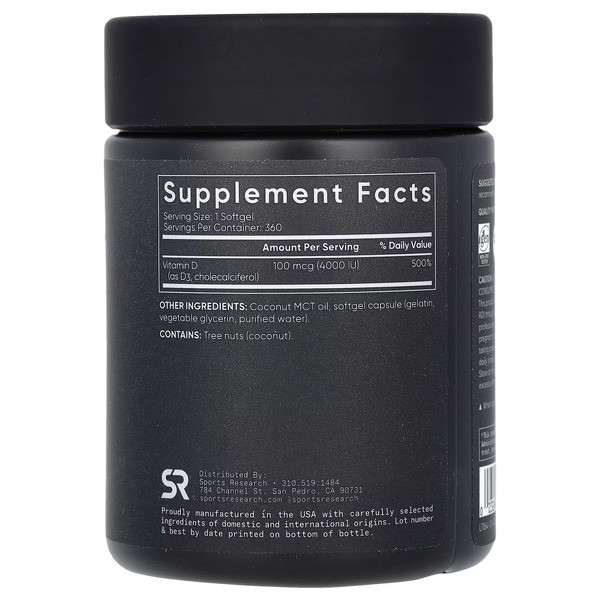 Витамин D3 100 мкг (4000 МЕ) Sports Research (Vitamin D3) 360 жидких капсул