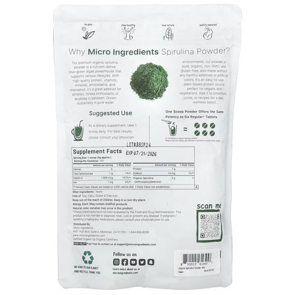 Органическая спирулина в порошке Micro Ingredients (Organic Spirulina Powder) 454 г