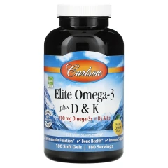 Carlson, Elite Omega-3, з вітамінами D і K, натуральний смак лимону, 180 капсул