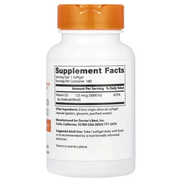 Витамин D3 Doctor's Best (Vitamin D3) 5000 МЕ 180 капсул