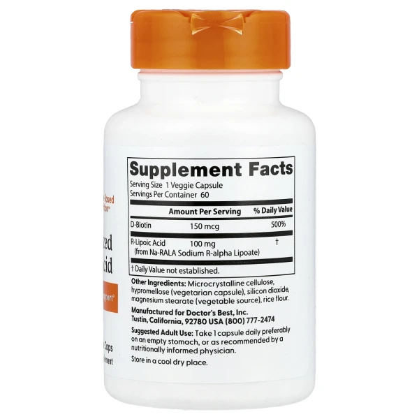 R-ліпоєва кислота Doctor's Best (R-Lipoic Acid) 100 мг 60 капсул