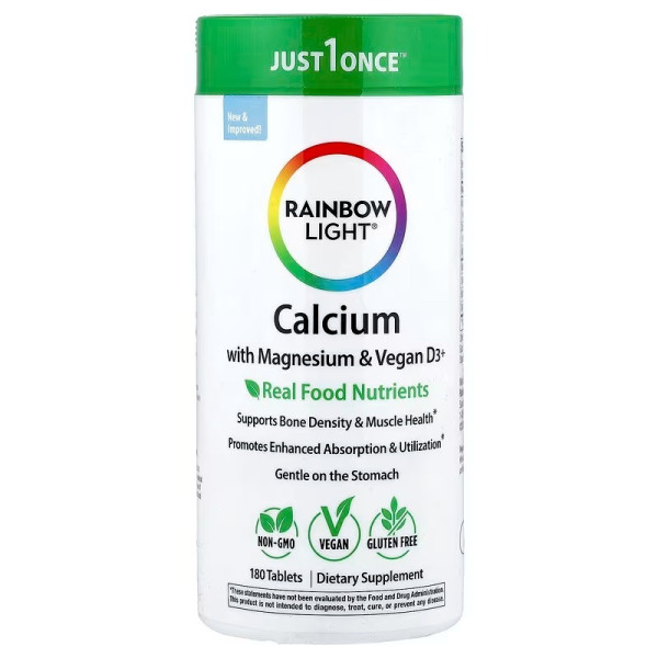 Кальций с магнием и веганским витамином D3+, Calcium with Magnesium & Vegan D3+, Rainbow Light, 2:1, 180 таблеток