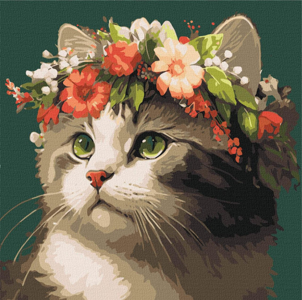 Картина по номерам Котик в цветочном венке Животные 40x40 см Ideyka