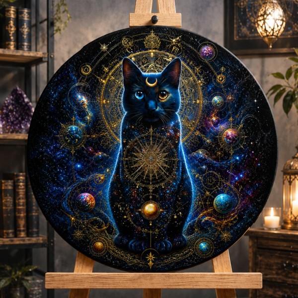 Картина по номерам круглая Кот хранитель звезд с красками металлик © 50 х 50 Оригами