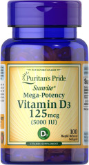 Вітамін D3, Vitamin D3, Puritan's Pride, 5000 МО, 100 гелевих капсул