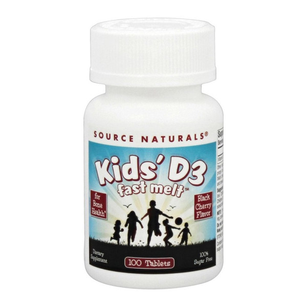 Витамин D3 для детей, Kids D-3 400 IU, Source Naturals, вкус черной вишни, 100 быстрорастворимых таблеток