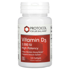 Вітамін D3, Vitamin D3, Protocol for Life Balance, висока ефективність, 2000 МО, 120 гелевих капсул