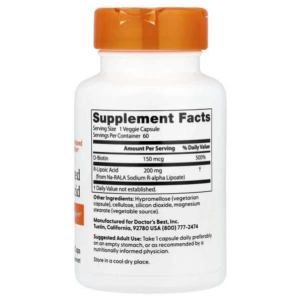 R-липоевая кислота Doctor's Best (R-Lipoic Acid) 200 мг 60 капсул