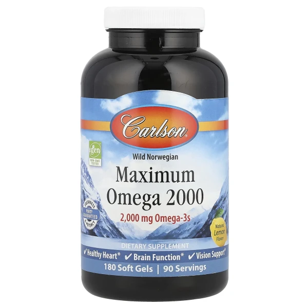 Carlson, Maximum Omega 2000, омега-3 кислоти з норвезької риби дикого вилову, натуральний лимонний смак, 2000 мг, 180 капсул (1000 мг у капсулі)