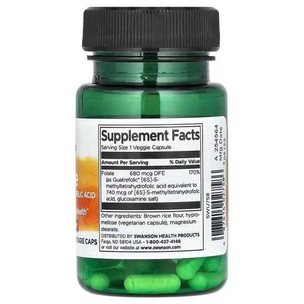 Фолат 680 мкг DFE Swanson (5-Methyltetrahydrofolic Acid) 30 капсул