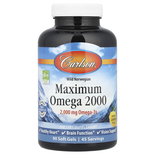 Carlson, Maximum Omega 2000, омега-3 кислоти з норвезької риби дикого вилову, натуральний лимонний смак, 2000 мг, 90 капсул (1000 мг у капсулі)