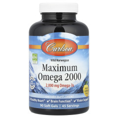 Carlson, Maximum Omega 2000, омега-3 кислоти з норвезької риби дикого вилову, натуральний лимонний смак, 2000 мг, 90 капсул (1000 мг у капсулі)