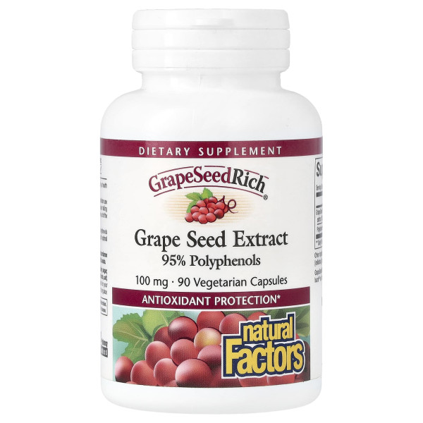 Natural Factors, GrapeSeedRich, екстракт виноградних кісточок, 100 мг, 90 вегетаріанських капсул