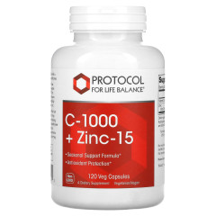 Вітамін C + цинк, C-1000 + Zinc-15, Protocol for Life Balance, 1000 мг/15 мг, 120 веганських капсул
