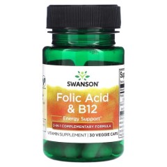 Фолієва кислота та вітамін B12 Swanson (Folic Acid &amp; B12) 30 капсул