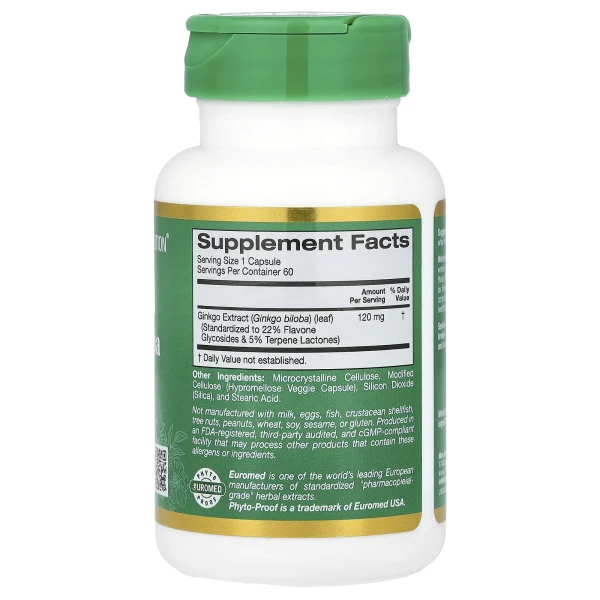 Екстракт листя гінкго білоба California Gold Nutrition (EuroHerbs) 120 мг 60 капсул