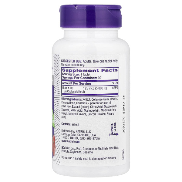 Вітамін Д3 Natrol (Vitamin D3) 5000 МО 90 таблеток зі смаком полуниці