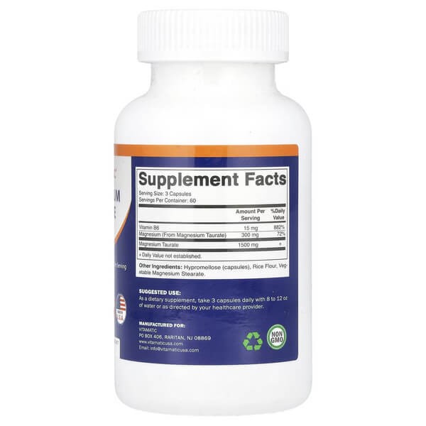 Магній таурат з вітаміном B6 Vitamatic (Magnesium Taurate with B6) 180 рослинних капсул
