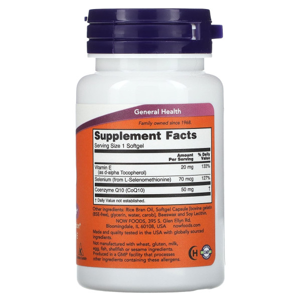 Коэнзим Q10 с селеном и витамином E Now Foods (CoQ10 with Selenium and Vitamin E) 50 капсул