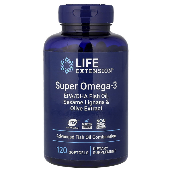 Cупер омега-3 Life Extension з риб'ячого жиру з ЕПК та ДГК, лігнанами кунжуту та екстрактом оливи 120 капсул