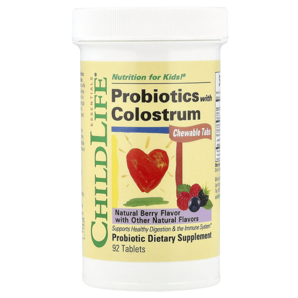Пробіотик з молозивом для дітей ChildLife (Probiotics with Colostrum) 90 жувальних таблеток з ягідним смаком