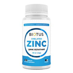 Хелатний цинк, Chelated Zinc, Biotus, 30 мг, 100 капсул