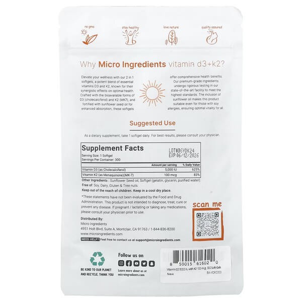 Вітамін D3 + K2 5000 МО/100 мкг Micro Ingredients (Vitamin D3 + K2) 300 рідких капсул