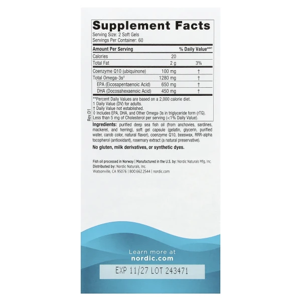 Nordic Naturals, Ultimate Omega з коензимом Q10, зі смаком лимона, 1280 мг, 120 капсул (640 мг у капсулі)