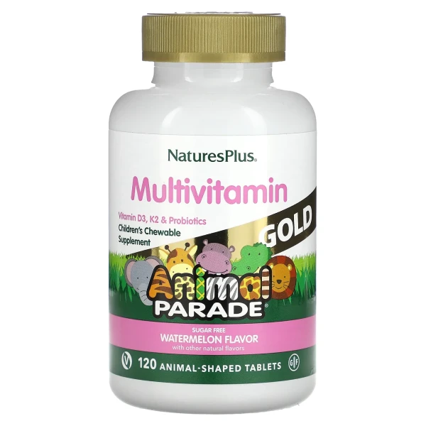 Жувальна мультивітамінна добавка з мікроелементами для дітей NaturesPlus (Source of Life Animal Parade Gold) 120 таблеток у формі тварин зі смаком кавуна