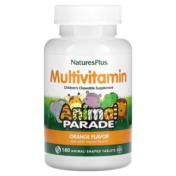 NaturesPlus, Source of Life, Animal Parade Gold, жувальна добавка для дітей з мультивітамінами й мікроелементами, з натуральним апельсиновим ароматизатором, 180 таблеток у формі тварин.