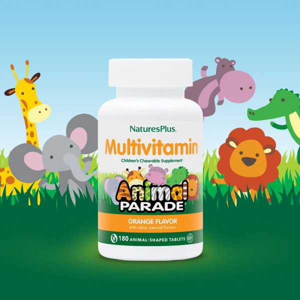 NaturesPlus, Source of Life, Animal Parade Gold, жувальна добавка для дітей з мультивітамінами й мікроелементами, з натуральним апельсиновим ароматизатором, 180 таблеток у формі тварин.