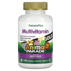 Жувальна добавка з мультивітамінами та мікроелементами для дітей NaturesPlus (Source of Life Animal Parade Gold) 120 таблеток у формі тварин зі смаком винограду
