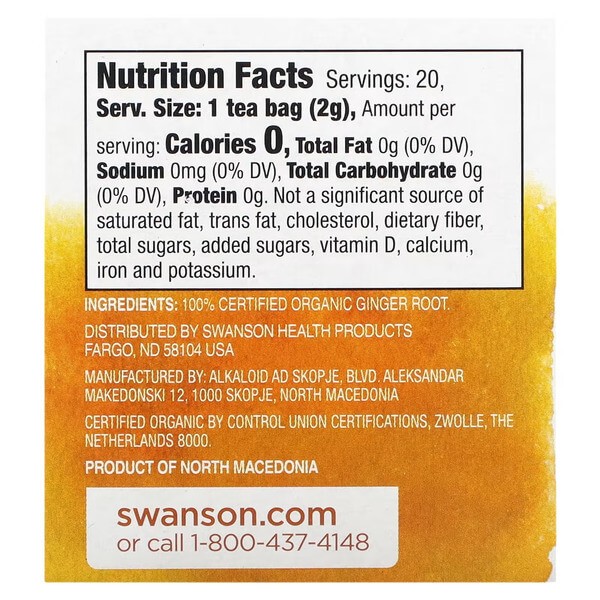 Чай з коренів імбиру органічний Swanson (Organic Ginger Root Tea) 20 пакетиків
