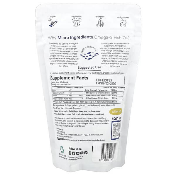 Омега-3 з рибячого жиру потрійної сили Micro Ingredients (Triple Strength Omega-3 Fish Oil) 120 рідких капсул зі смаком лимона