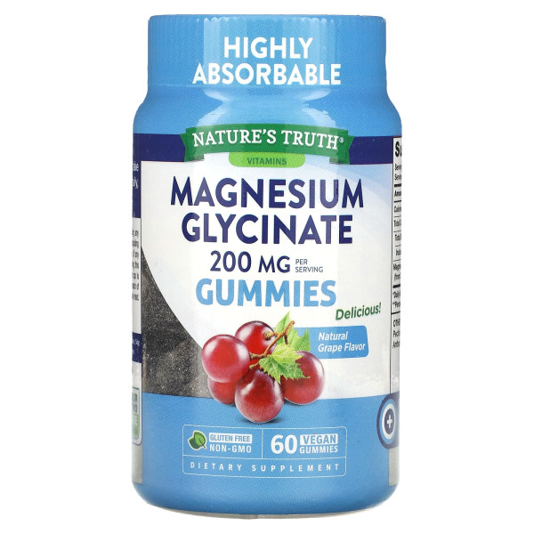 Магній гліцинат Nature's Truth (Magnesium Glycinate Gummies) 200 мг 60 веганських жувальних цукерок зі смаком винограду