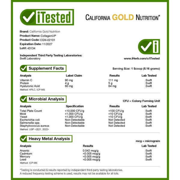 California Gold Nutrition, CollagenUP®, пептиди гідролізованого морського колагену з гіалуроновою кислотою та вітаміном C, без добавок, 1 кг