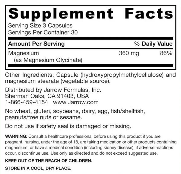 Глицинат магния 360 мг Jarrow Formulas (Magnesium Glycinate) 90 растительных капсул