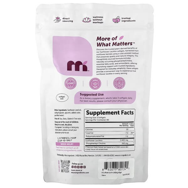 Соняшниковий лецитин Micro Ingredients (Sunflower Lecithin) 240 рідких капсул